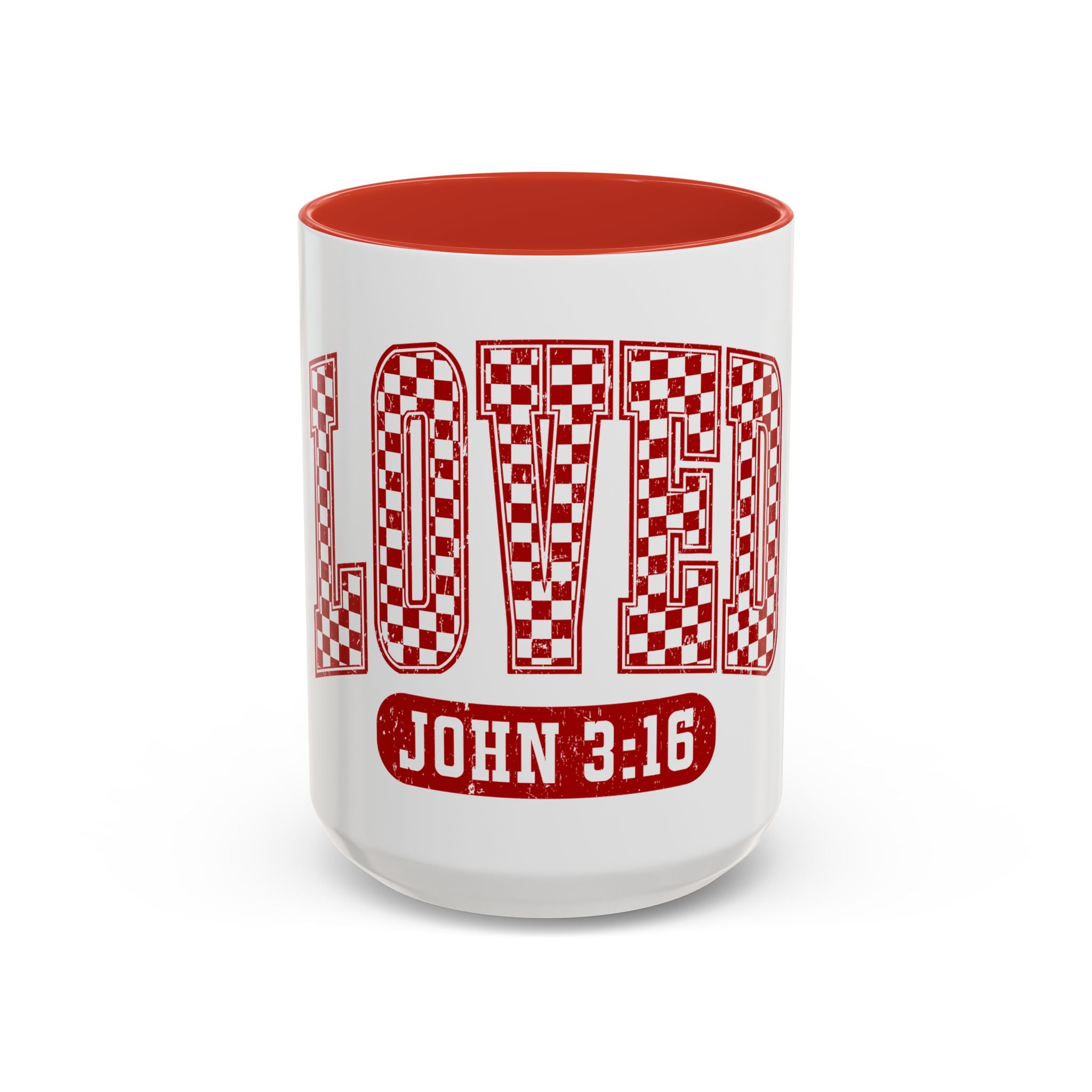 Loved Coffee Mug – John 3:16 Checkerboard Accent Ceramic Mug (11/15oz)