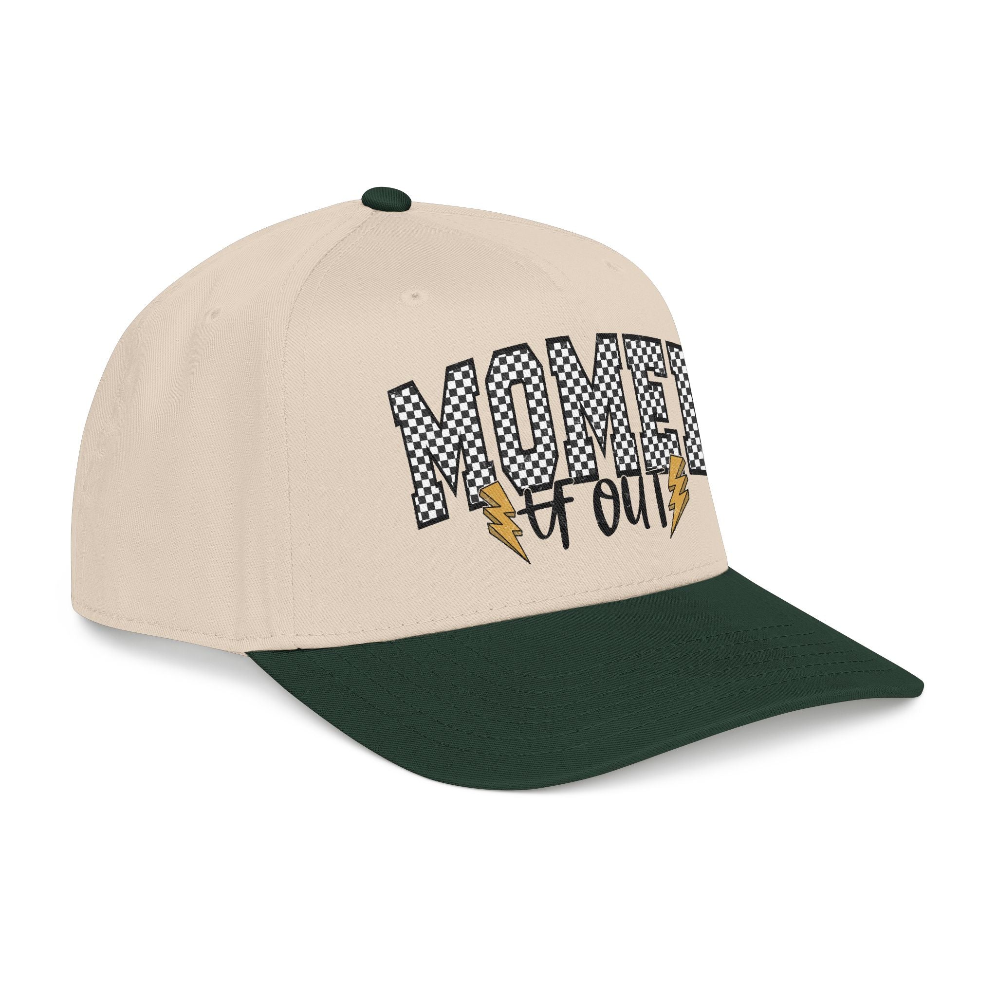 Mom Ed Out Mid Profile Baseball Cap – 'Mom Ed Out' Checkerboard Design with Lightning Bolts