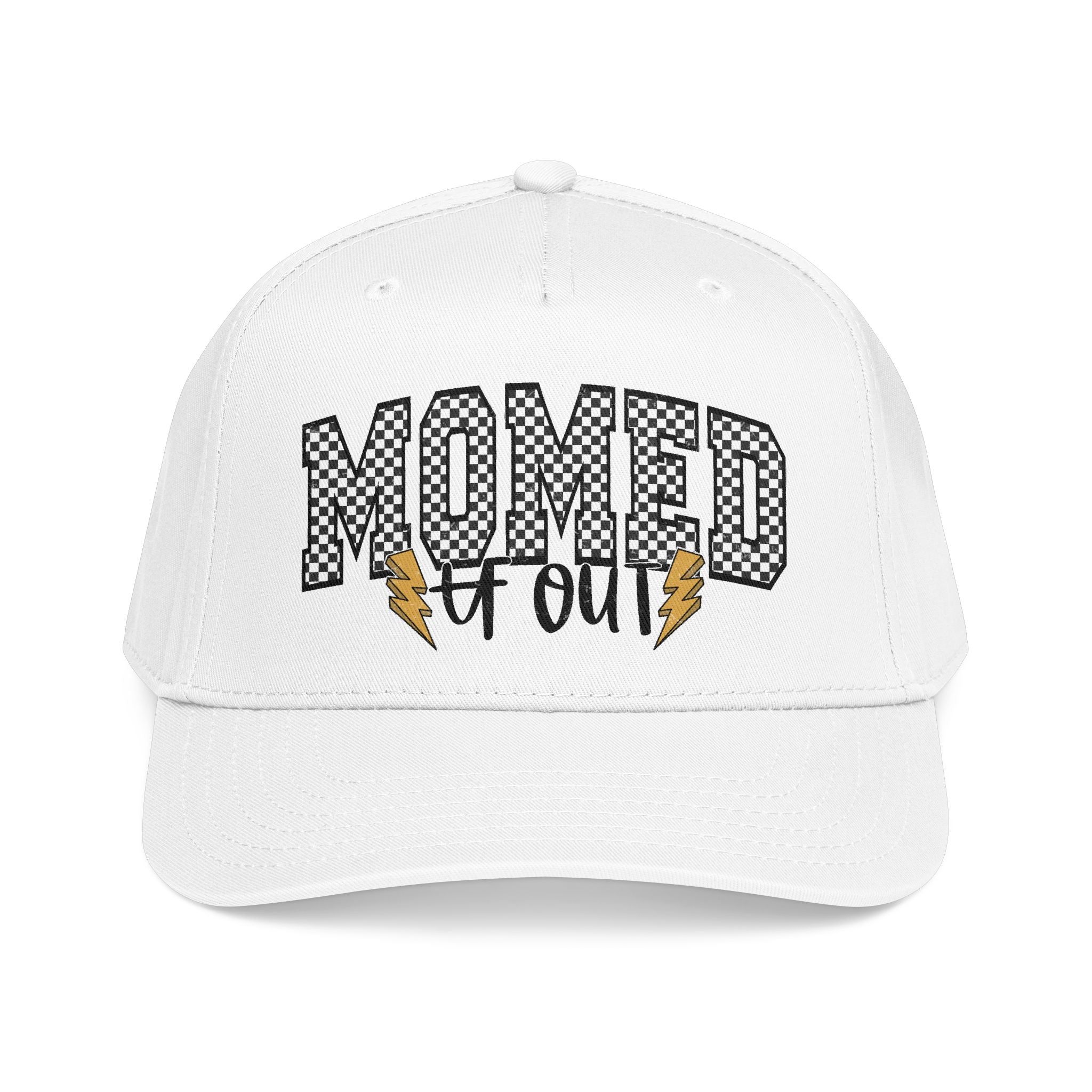 Mom Ed Out Mid Profile Baseball Cap – 'Mom Ed Out' Checkerboard Design with Lightning Bolts