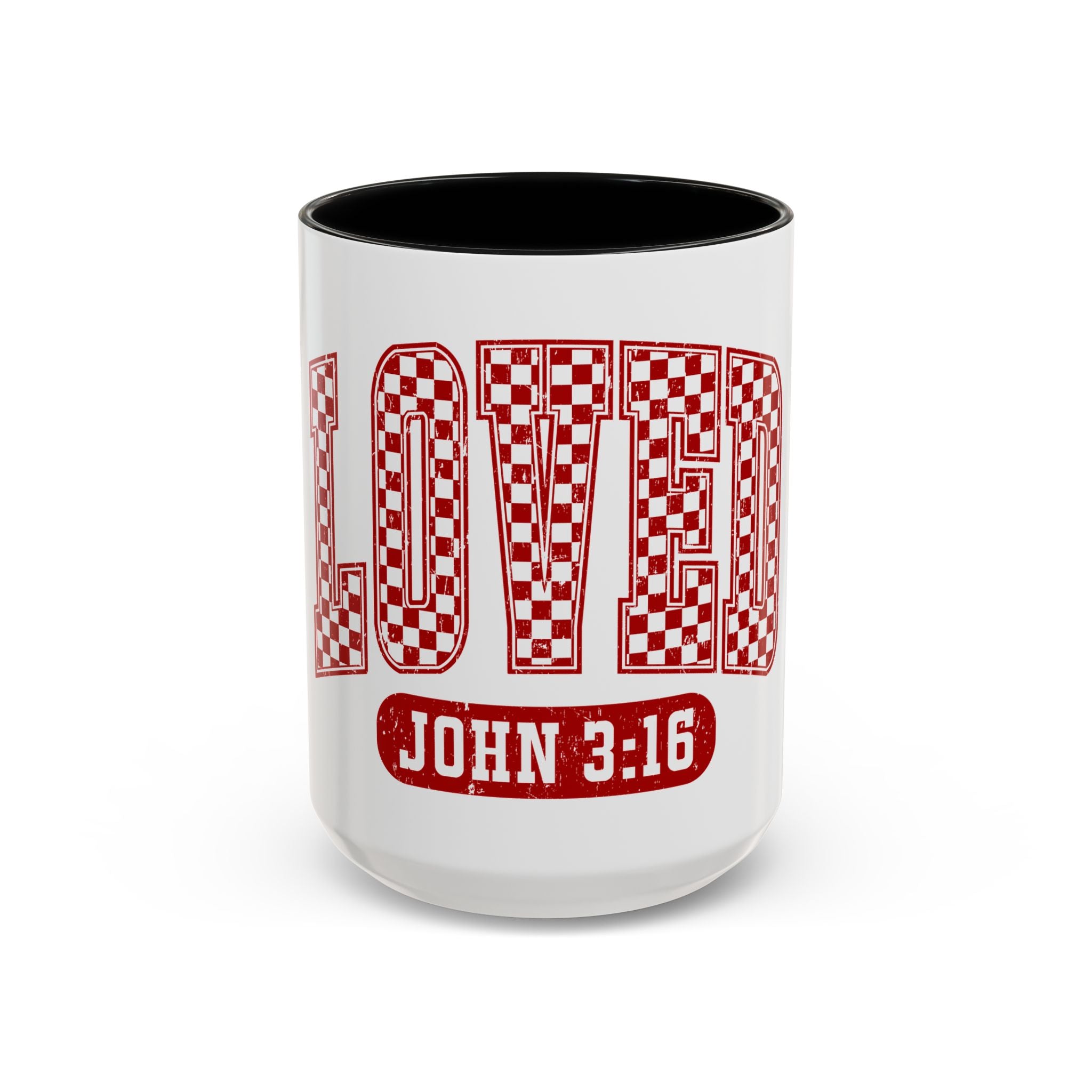 Loved Coffee Mug – John 3:16 Checkerboard Accent Ceramic Mug (11/15oz)