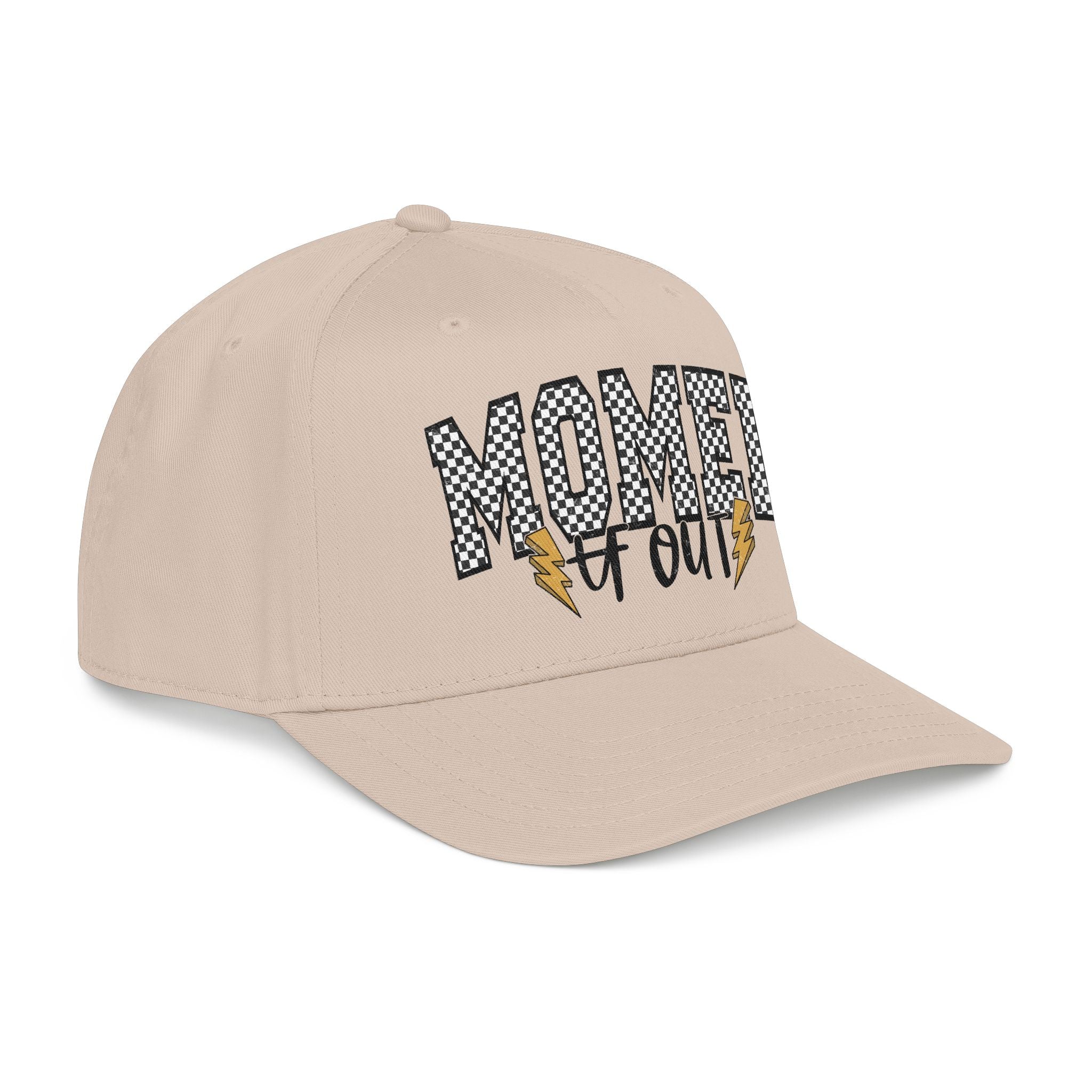 Mom Ed Out Mid Profile Baseball Cap – 'Mom Ed Out' Checkerboard Design with Lightning Bolts