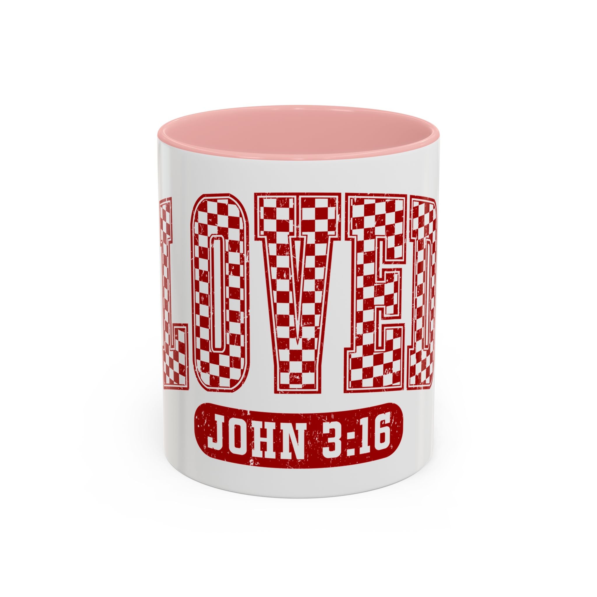 Loved Coffee Mug – John 3:16 Checkerboard Accent Ceramic Mug (11/15oz)