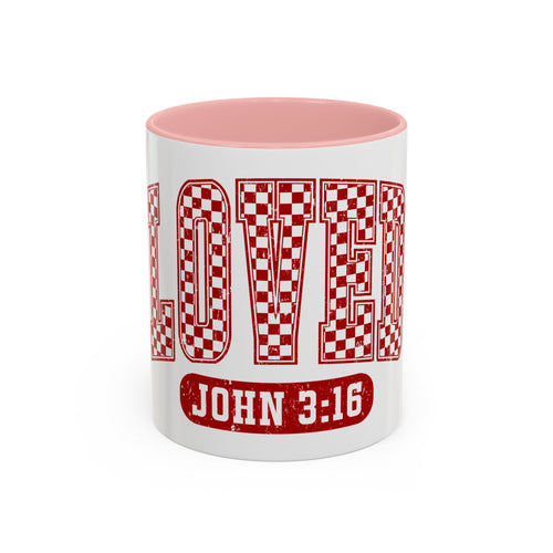 Loved Coffee Mug – John 3:16 Checkerboard Accent Ceramic Mug (11/15oz)