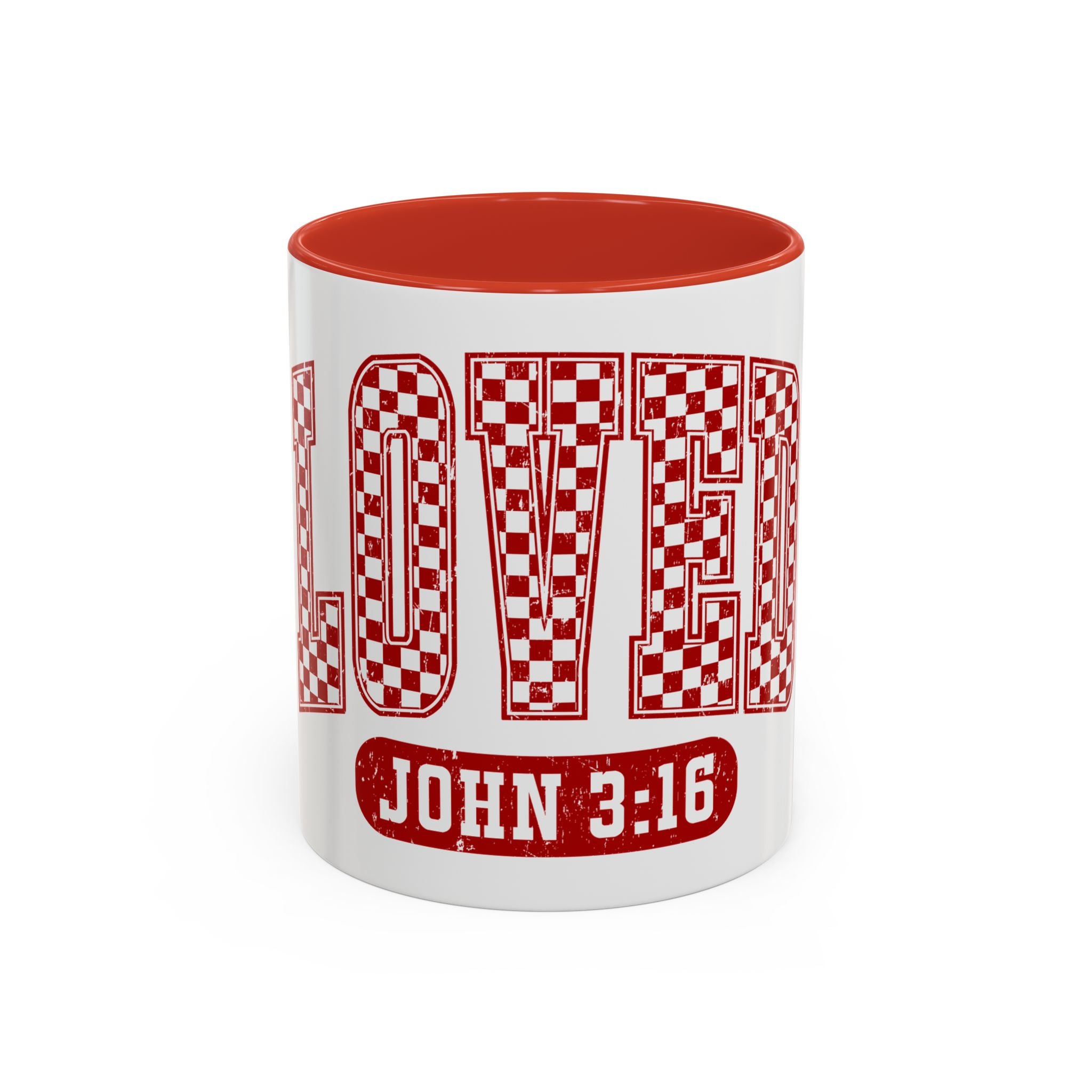 Loved Coffee Mug – John 3:16 Checkerboard Accent Ceramic Mug (11/15oz)