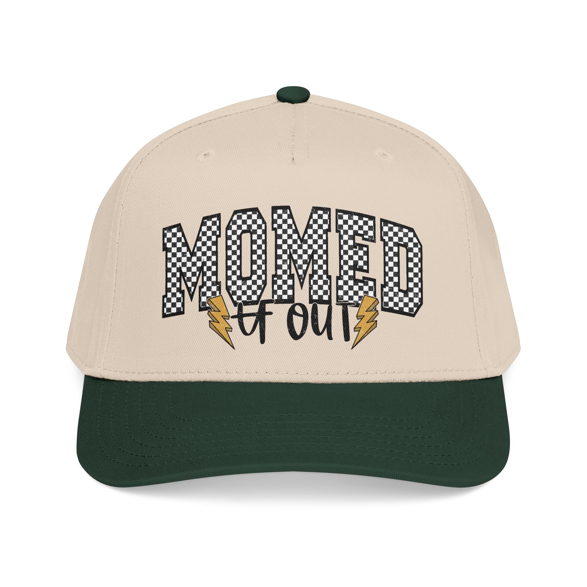 Mom Ed Out Mid Profile Baseball Cap – 'Mom Ed Out' Checkerboard Design with Lightning Bolts