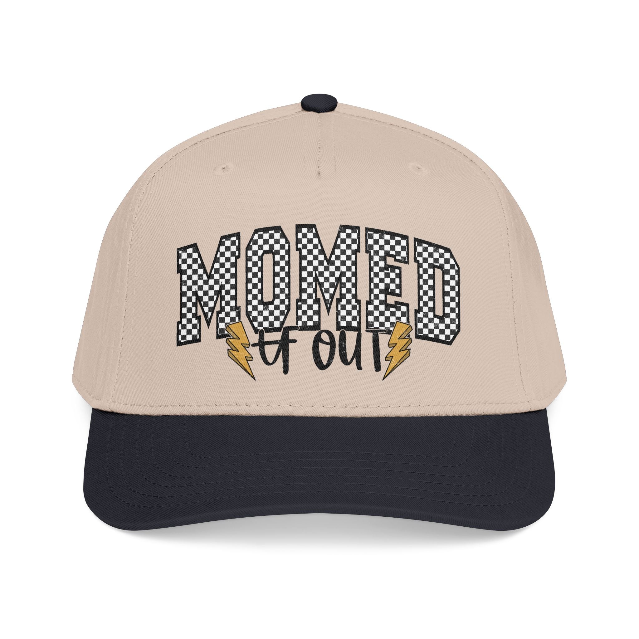 Mom Ed Out Mid Profile Baseball Cap – 'Mom Ed Out' Checkerboard Design with Lightning Bolts