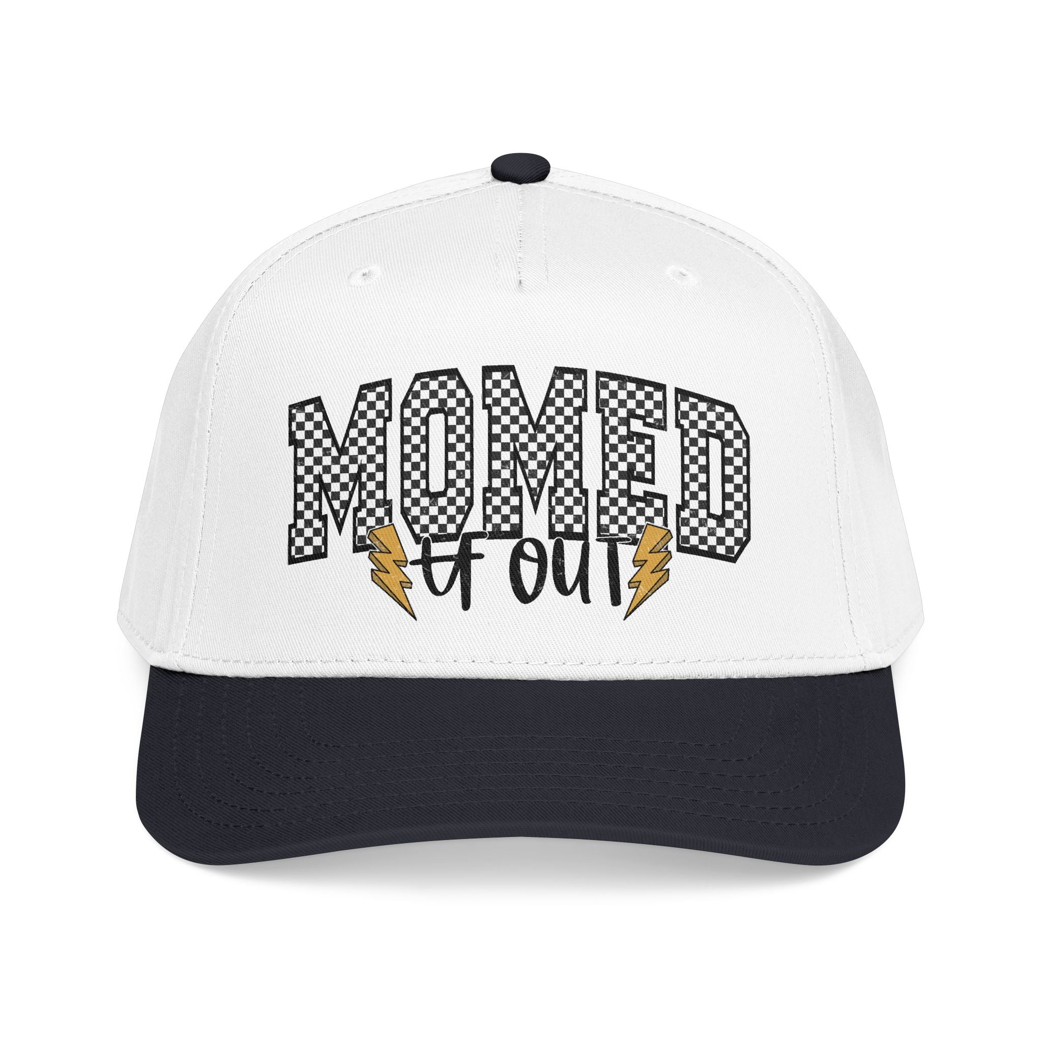 Mom Ed Out Mid Profile Baseball Cap – 'Mom Ed Out' Checkerboard Design with Lightning Bolts