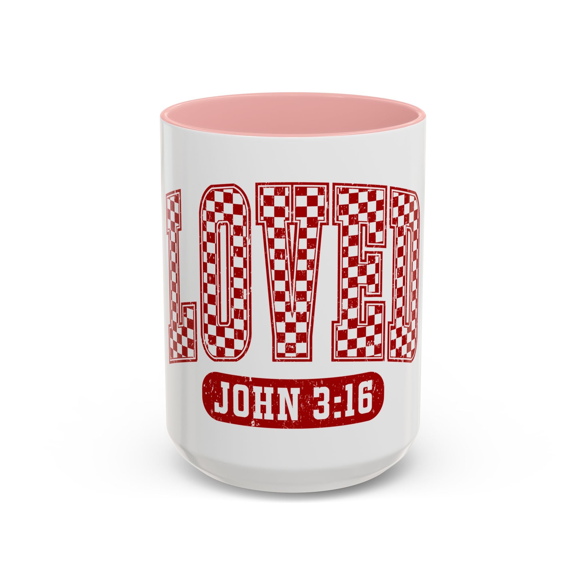 Loved Coffee Mug – John 3:16 Checkerboard Accent Ceramic Mug (11/15oz)