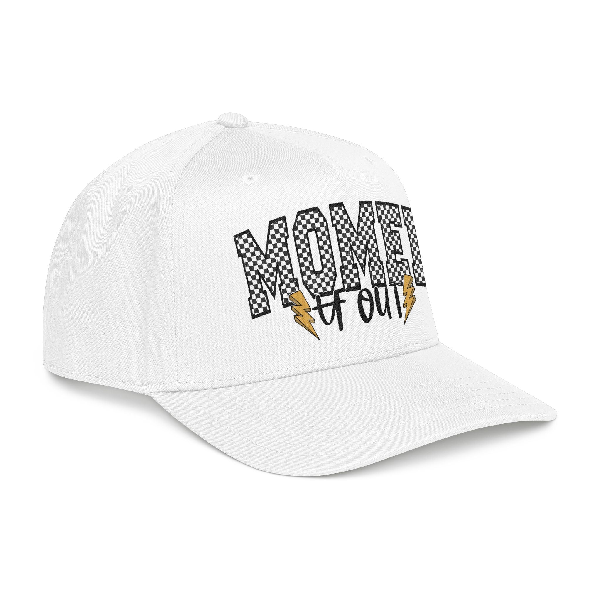 Mom Ed Out Mid Profile Baseball Cap – 'Mom Ed Out' Checkerboard Design with Lightning Bolts