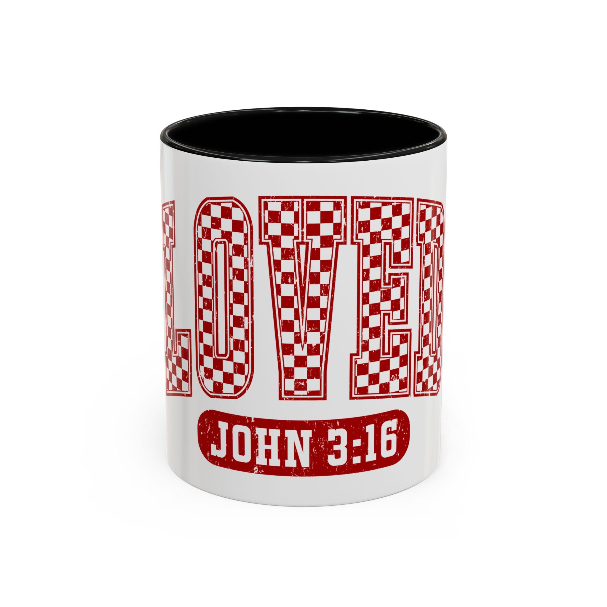 Loved Coffee Mug – John 3:16 Checkerboard Accent Ceramic Mug (11/15oz)