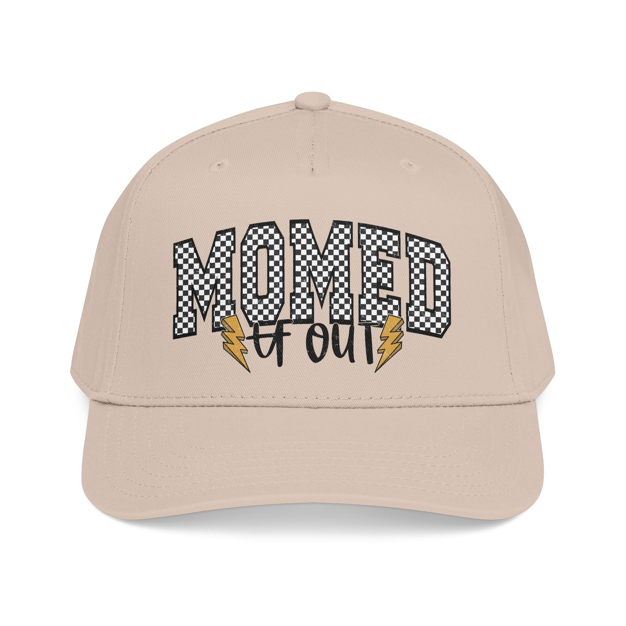 Mom Ed Out Mid Profile Baseball Cap – 'Mom Ed Out' Checkerboard Design with Lightning Bolts