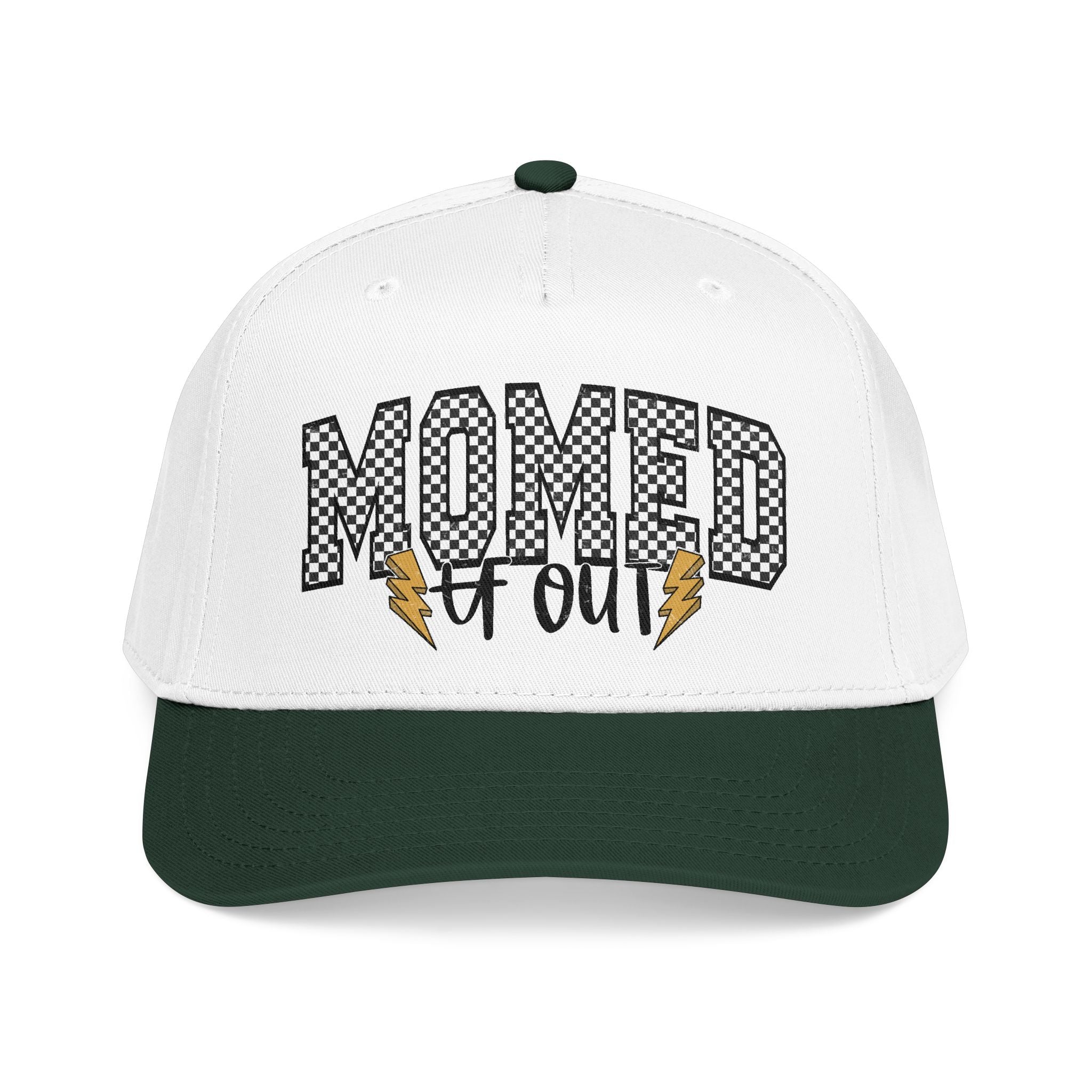 Mom Ed Out Mid Profile Baseball Cap – 'Mom Ed Out' Checkerboard Design with Lightning Bolts