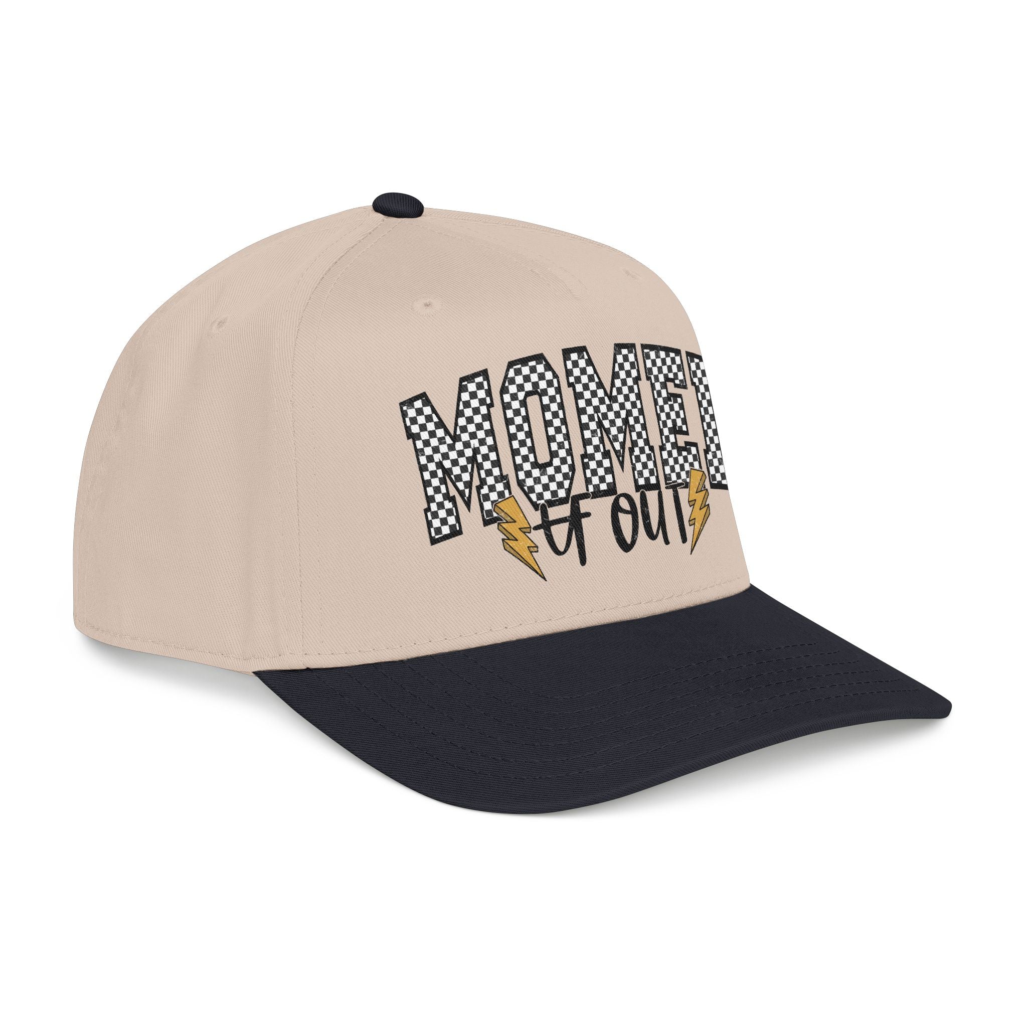 Mom Ed Out Mid Profile Baseball Cap – 'Mom Ed Out' Checkerboard Design with Lightning Bolts