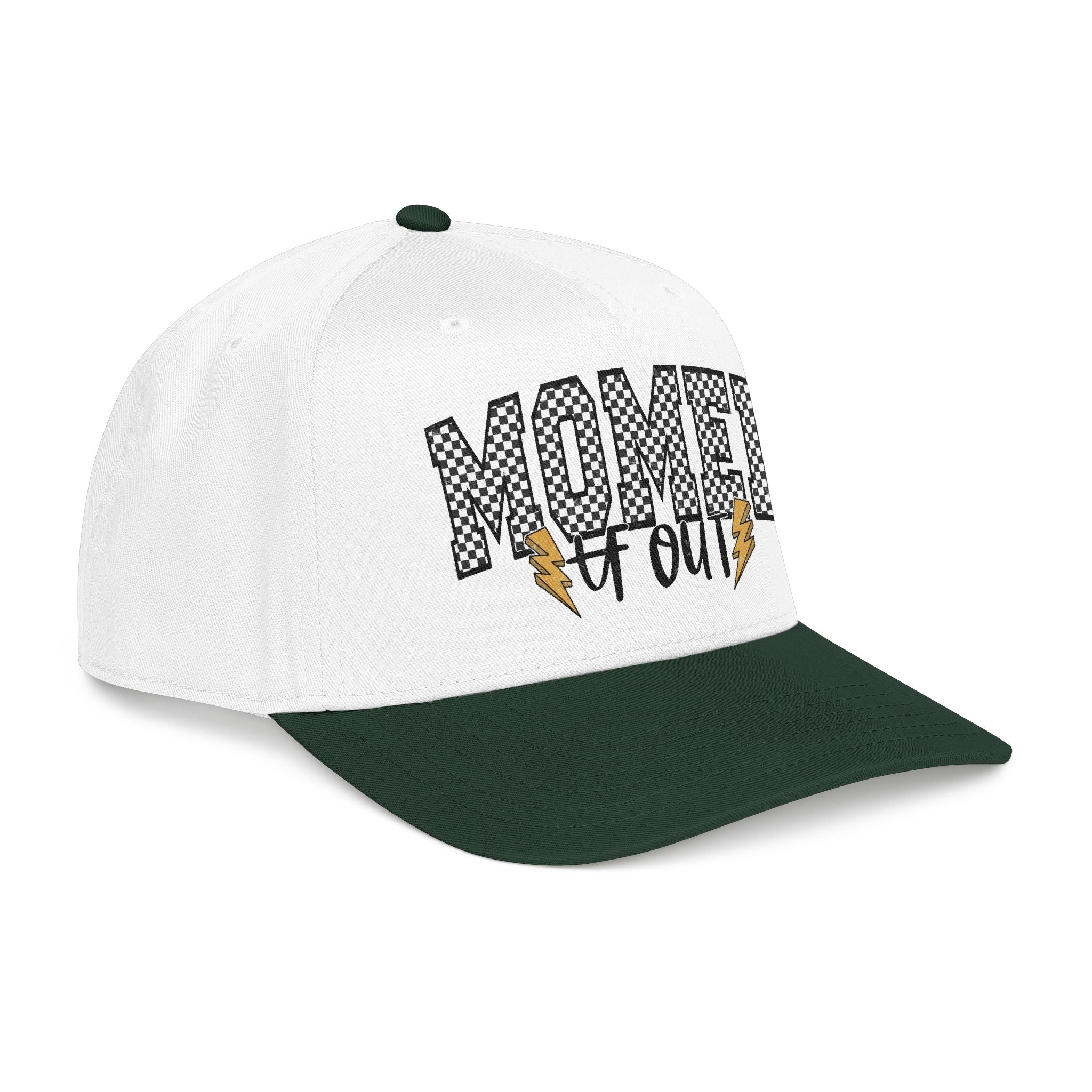 Mom Ed Out Mid Profile Baseball Cap – 'Mom Ed Out' Checkerboard Design with Lightning Bolts
