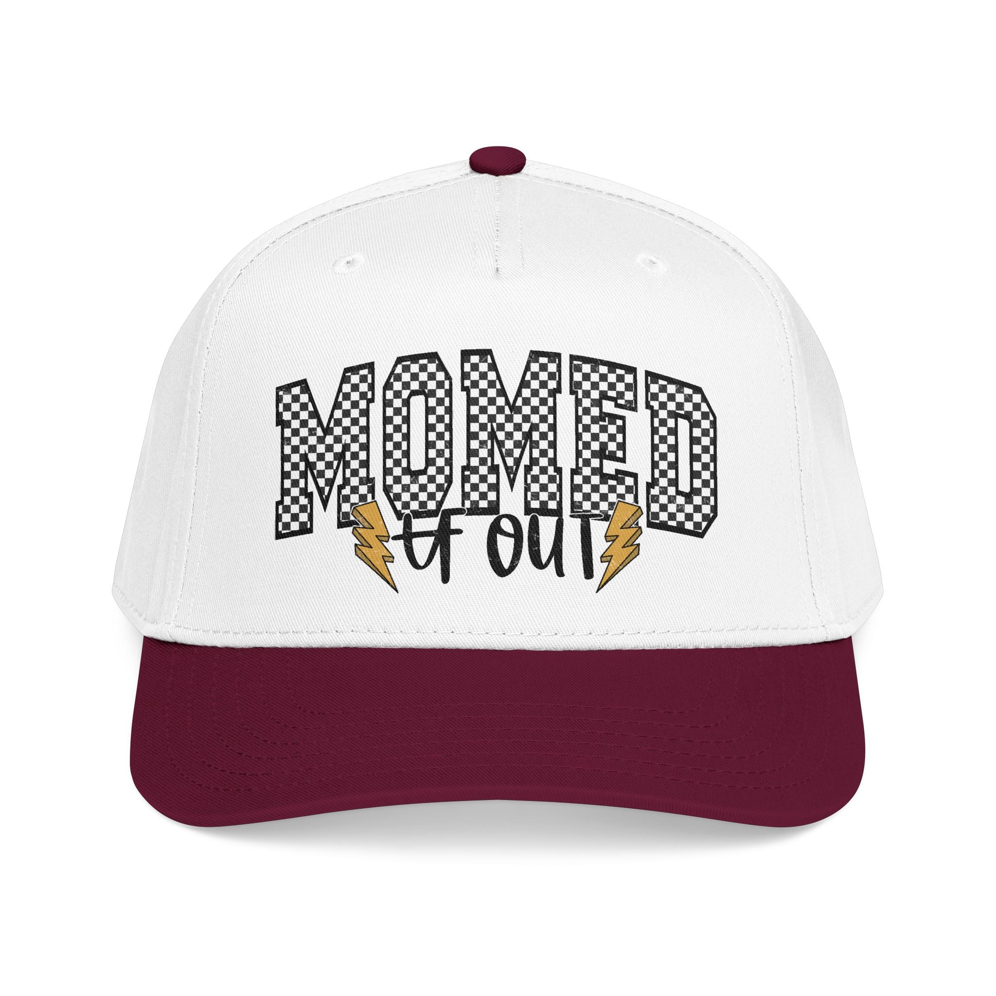 Mom Ed Out Mid Profile Baseball Cap – 'Mom Ed Out' Checkerboard Design with Lightning Bolts